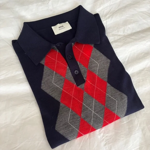 Ami Alexandre Mattiussi Navy Blue Grey Red Men’s Argyle Wool Sweater NWT Size L